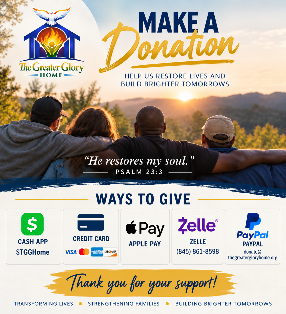 The Greater Glory Home giving card listing ways to give